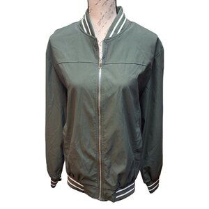 Unisex Olive Green Varsity Jacket Striped trim Full Zip Medium - Preppy Fall